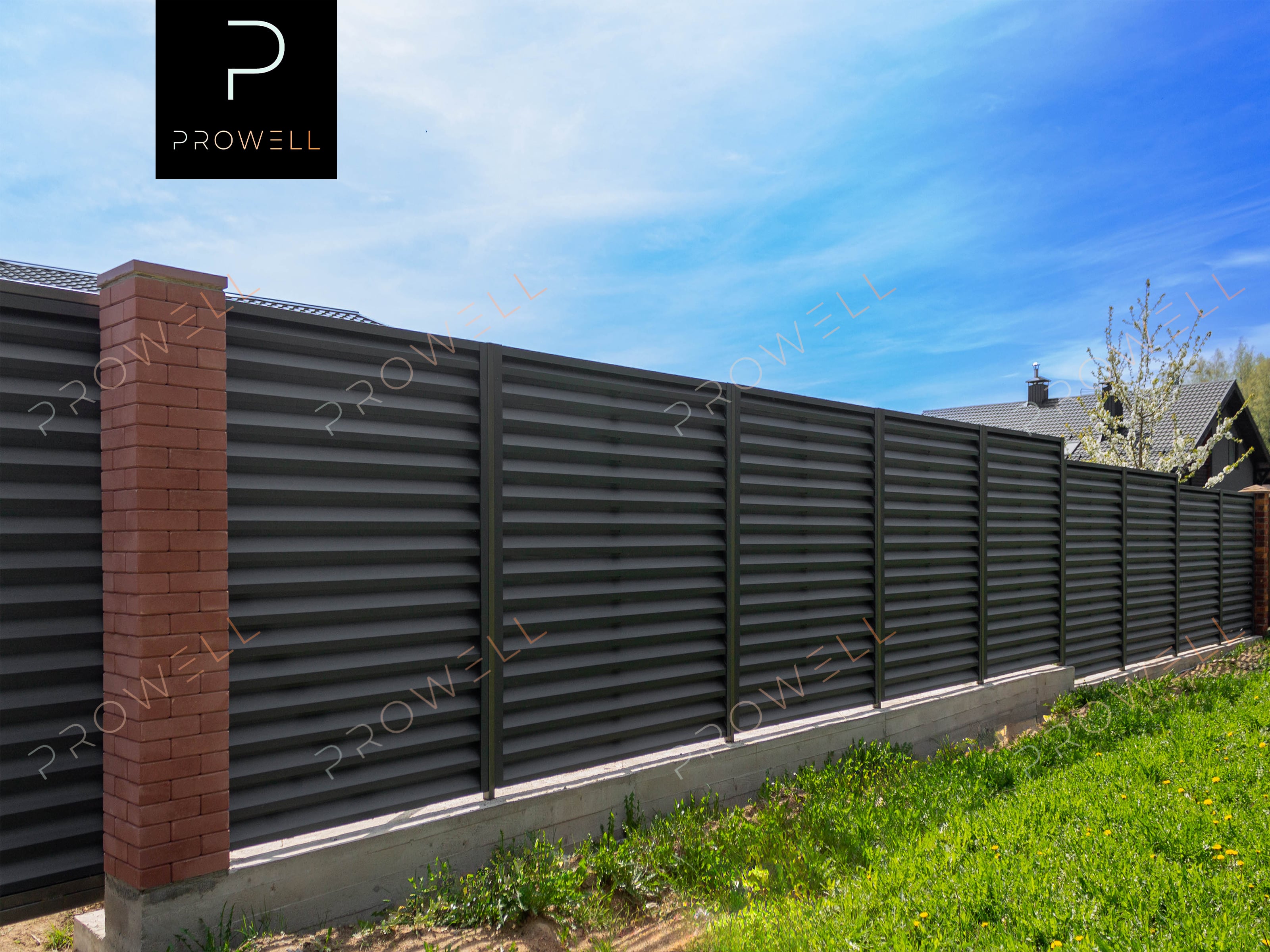 Забор жалюзи RAL 7024 (серый графит) MAT+лего кирпич+ ворота откатные + калитка
